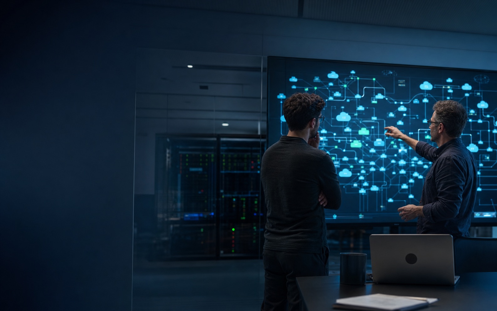 Cloud engineers collaborating on a modern infrastructure network